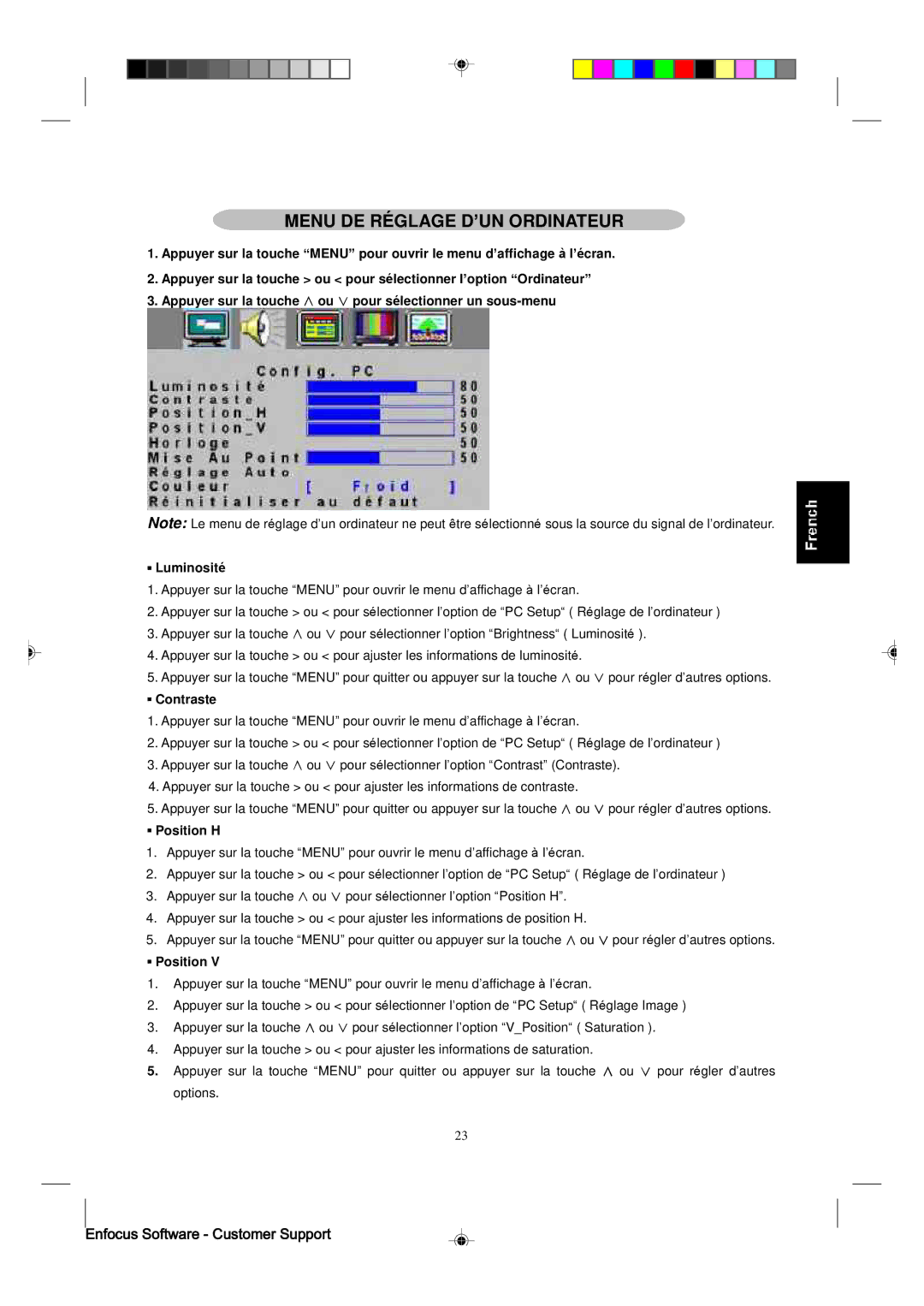 Magnavox 15MF400T/37 manual Menu DE Réglage D’UN Ordinateur, Position H 