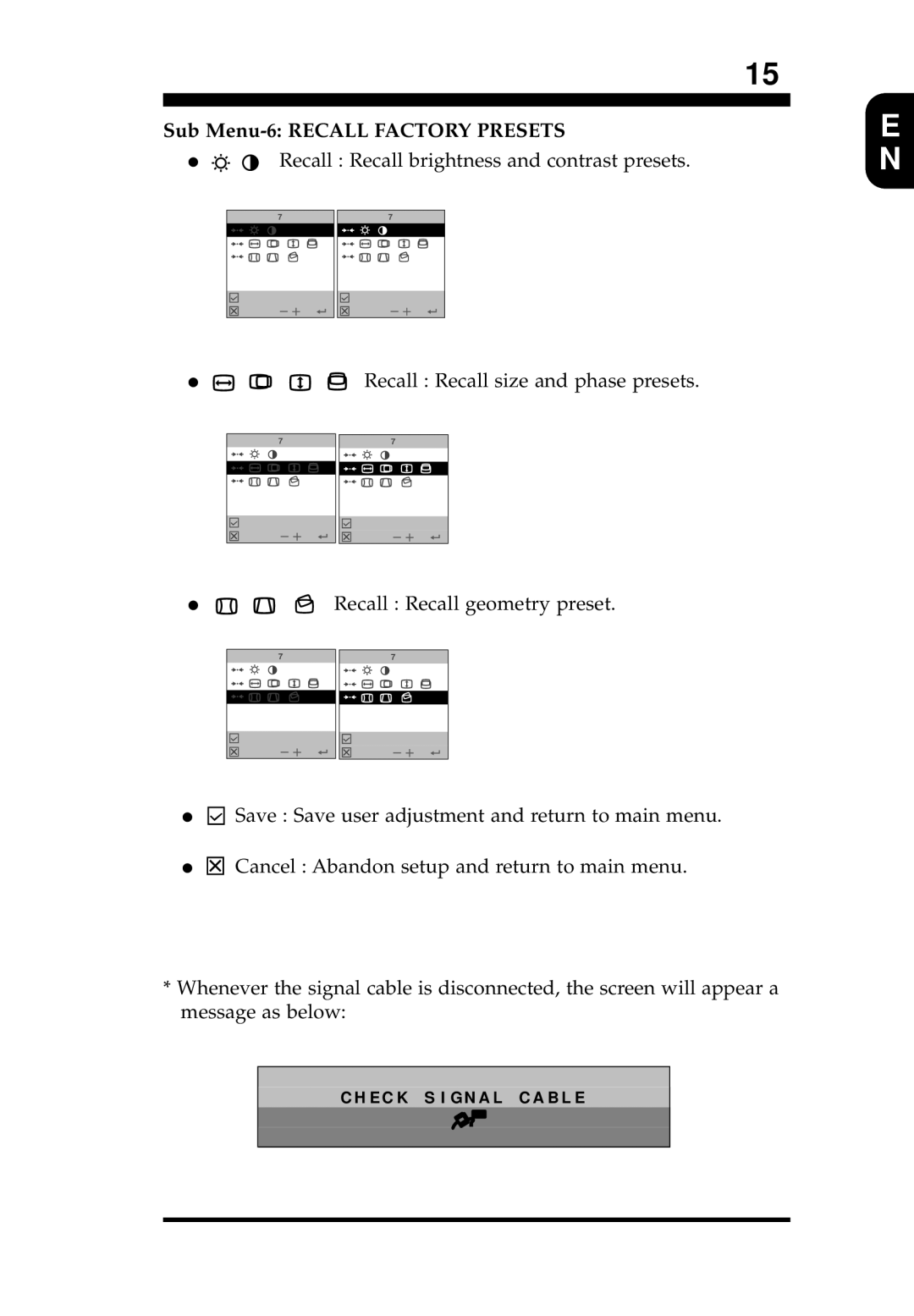 Magnavox 17C13A2E user service Sub Menu-6 Recall Factory Presets, Recall Recall brightness and contrast presets 