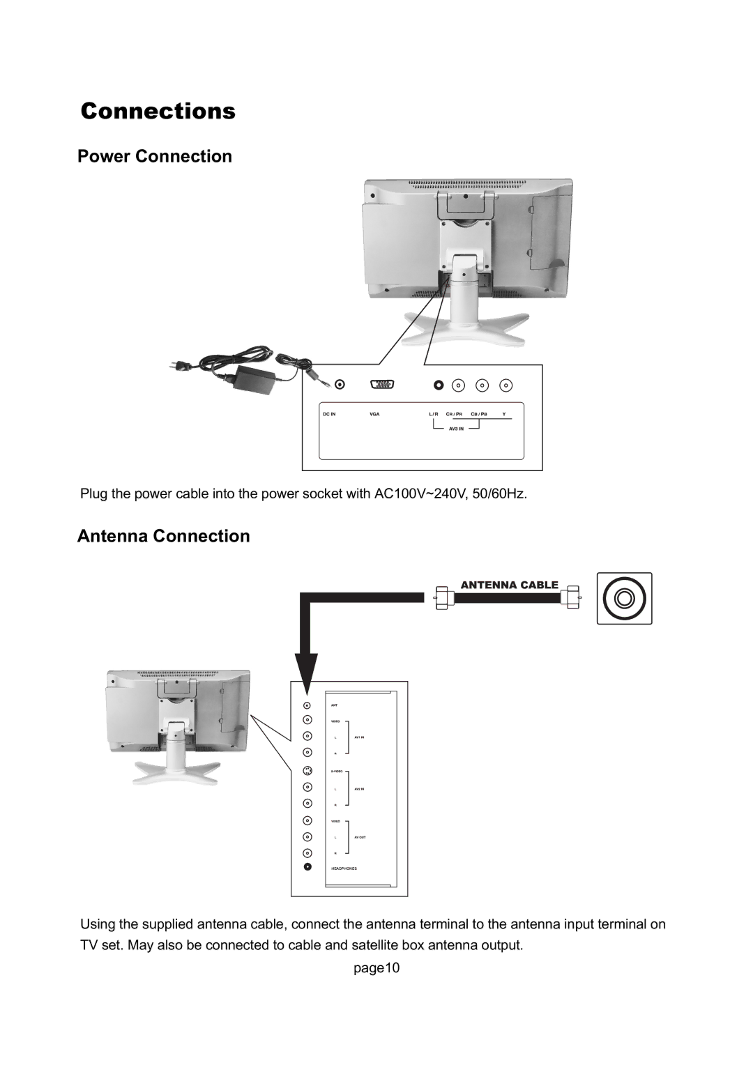 Magnavox 17MD250V manual Connections, Power Connection, Antenna Connection 