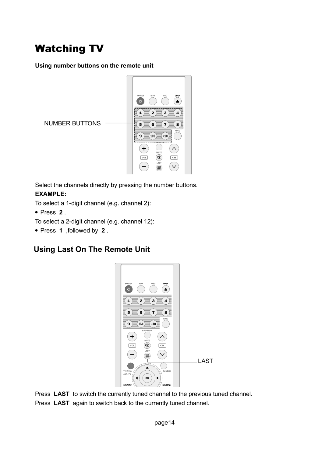 Magnavox 17MD250V manual Using Last On The Remote Unit, Using number buttons on the remote unit 