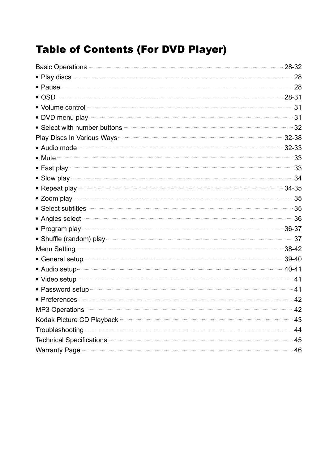 Magnavox 17MD250V manual Table of Contents For DVD Player 