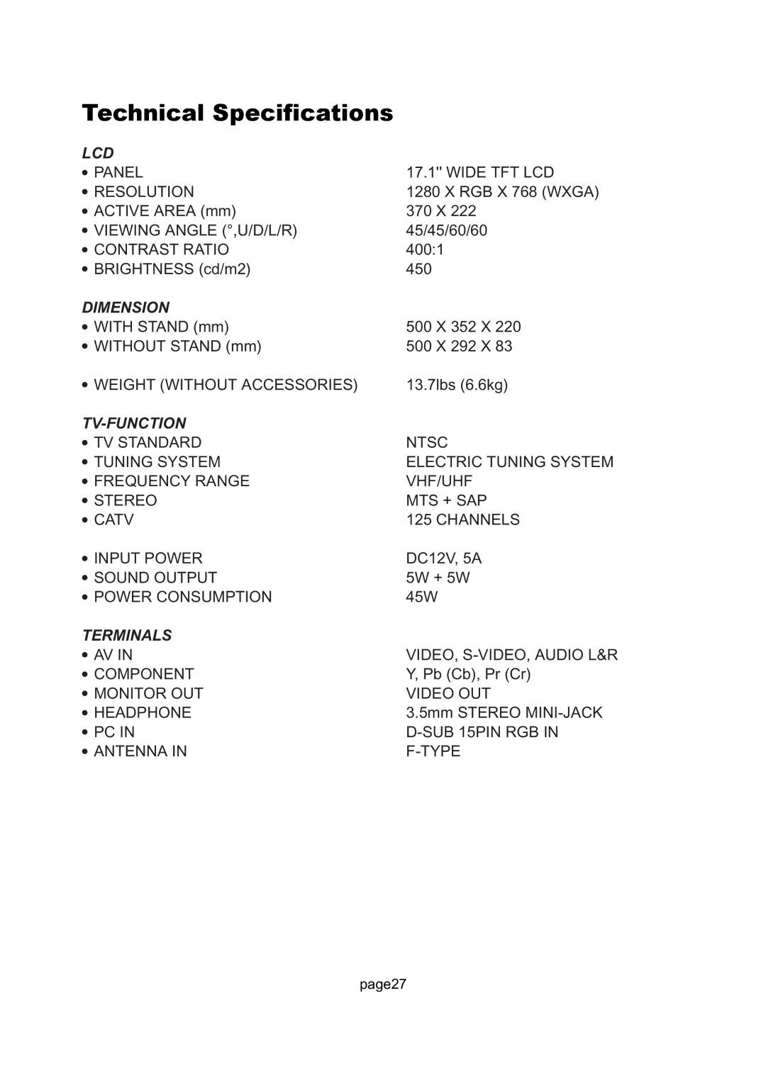 Magnavox 17MD250V manual Technical Specifications, Lcd 