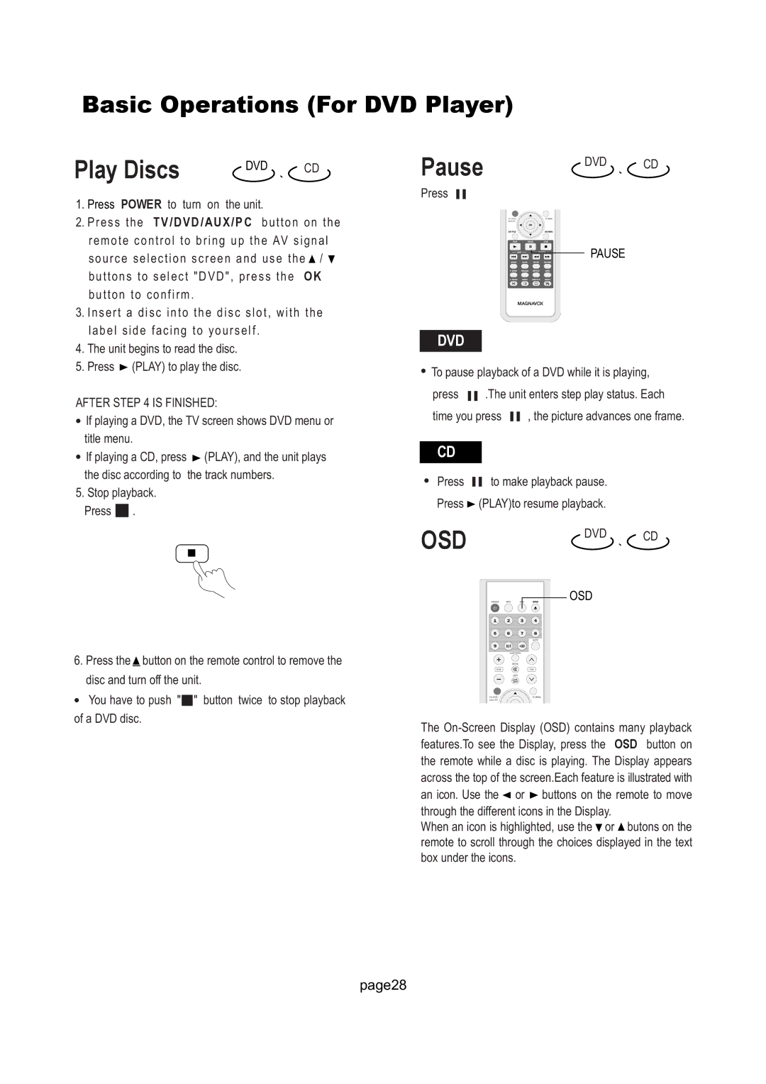 Magnavox 17MD250V manual Play Discs, Pause, Basic Operations For DVD Player 