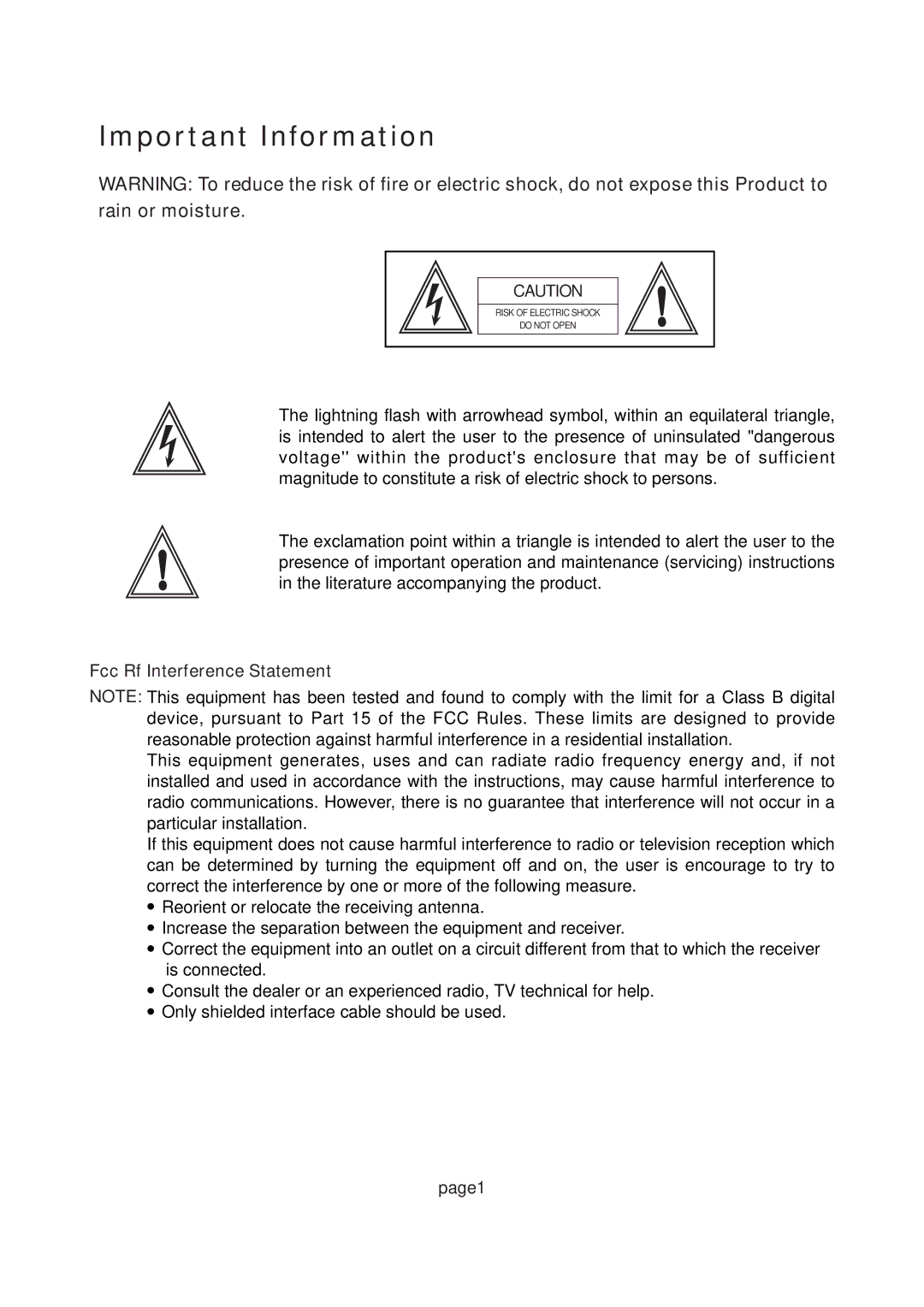 Magnavox 17MD250V manual Important Information, Fcc Rf Interference Statement 