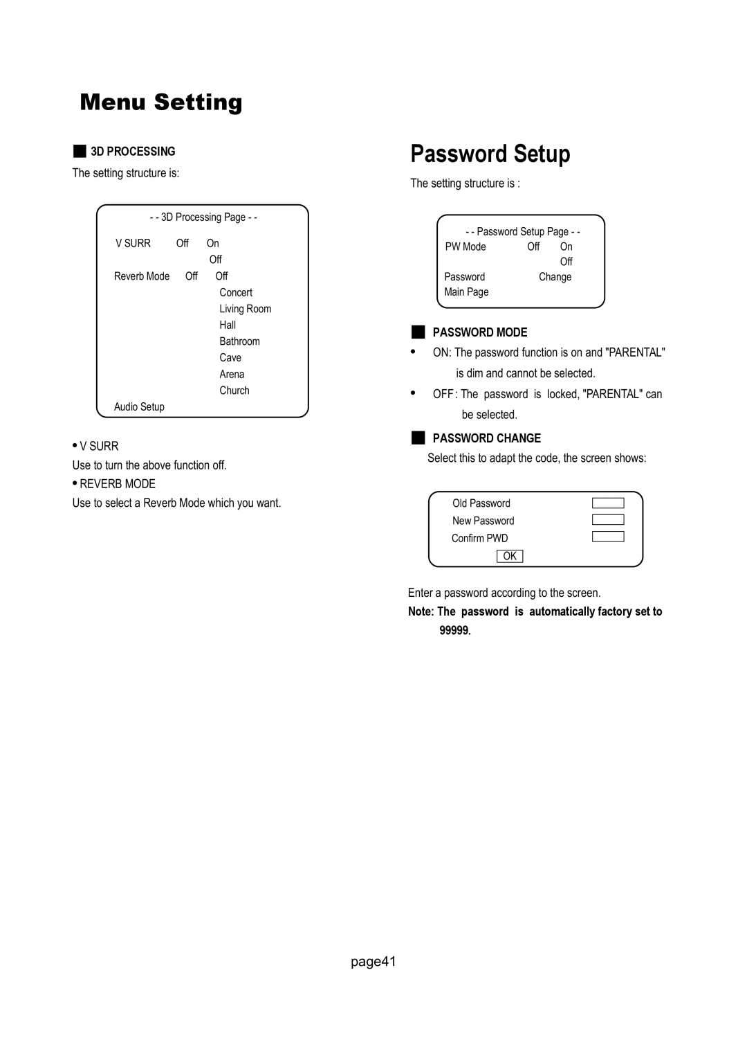 Magnavox 17MD250V manual Password Setup, Surr, Reverb Mode 