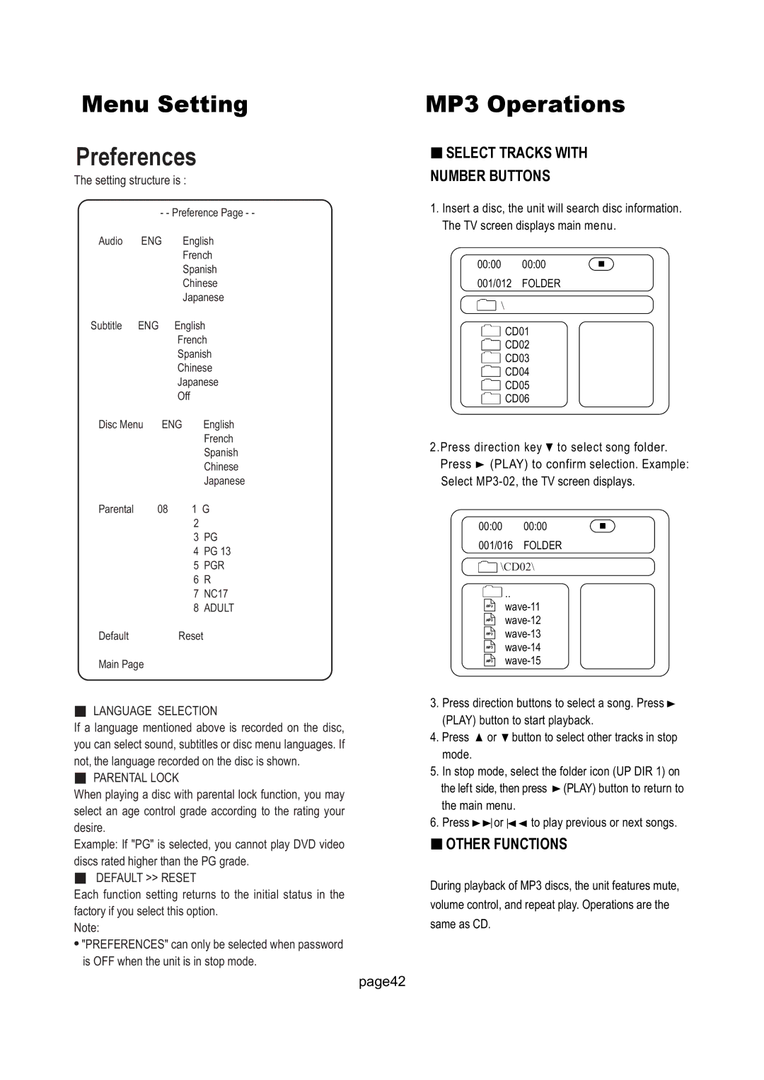 Magnavox 17MD250V manual Preferences, MP3 Operations, Language Selection, Parental Lock, Default Reset 