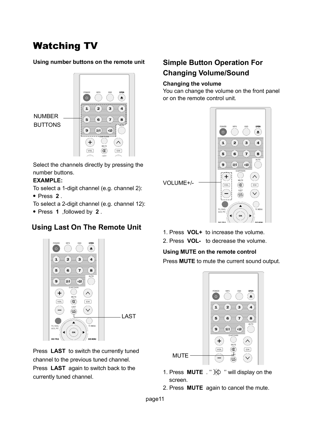 Magnavox 17MD255V Using Last On The Remote Unit, Using number buttons on the remote unit, Changing the volume 