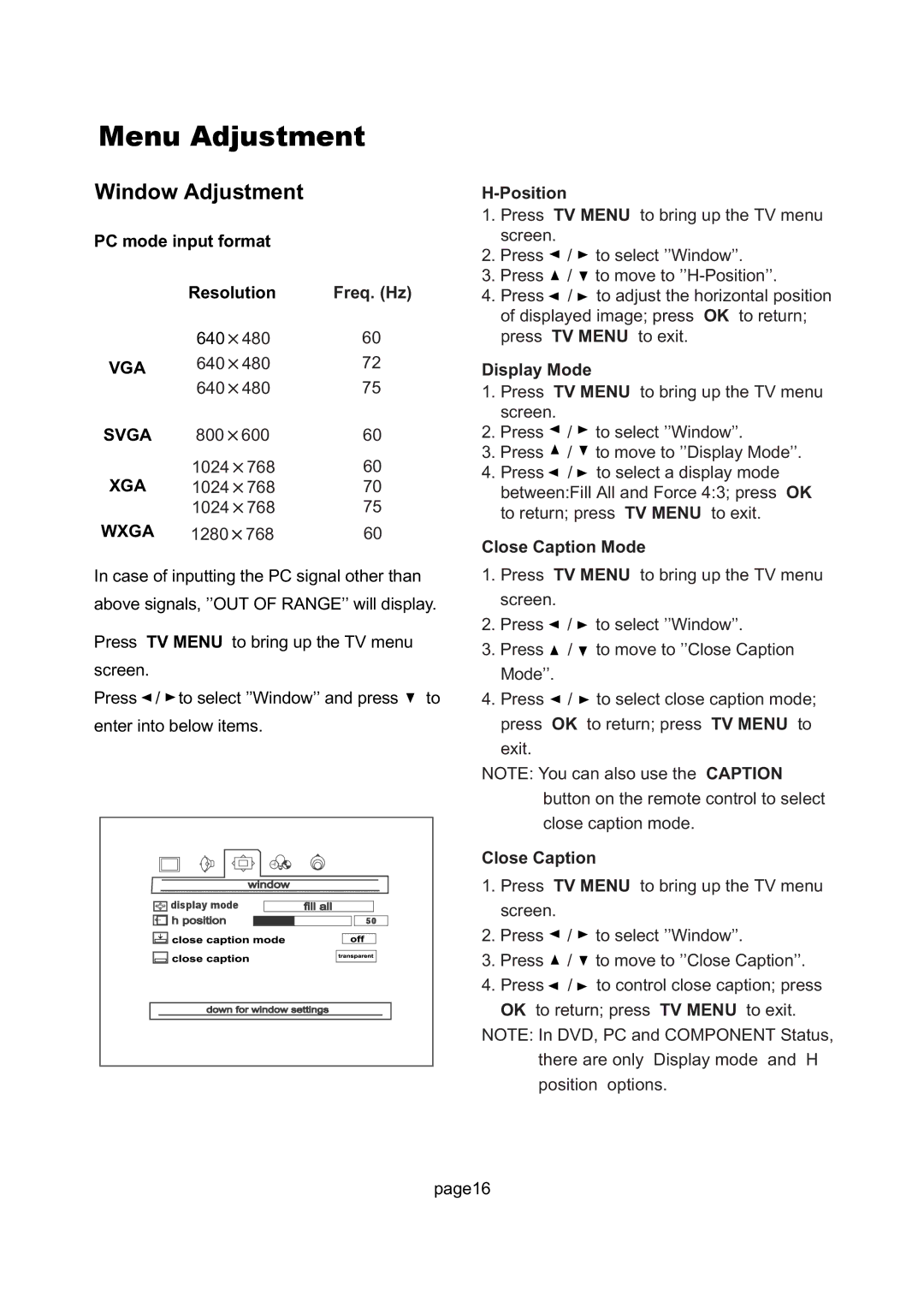 Magnavox 17MD255V important safety instructions Window Adjustment 