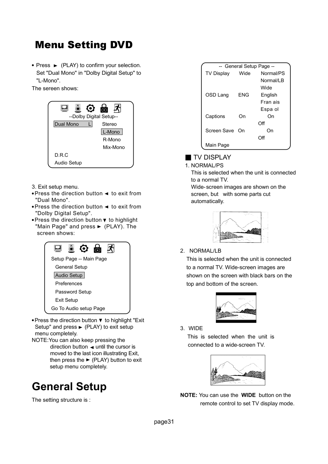 Magnavox 17MD255V important safety instructions General Setup, Normal/Ps, Normal/Lb, Wide 