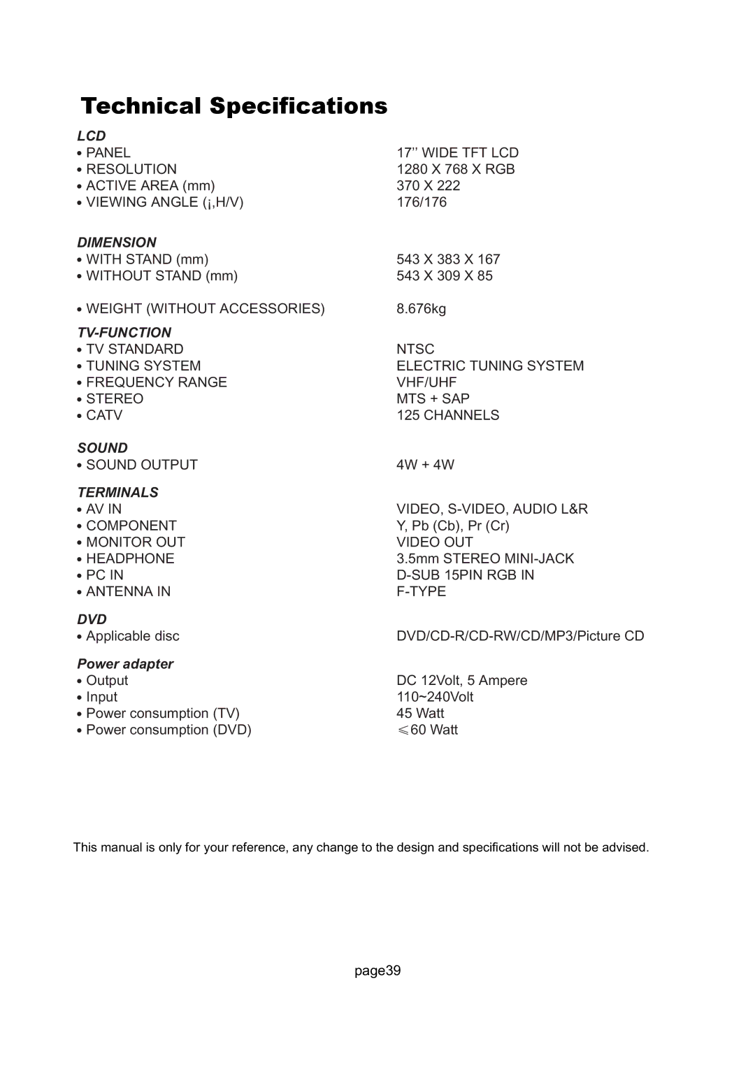 Magnavox 17MD255V important safety instructions Technical Specifications, Lcd 