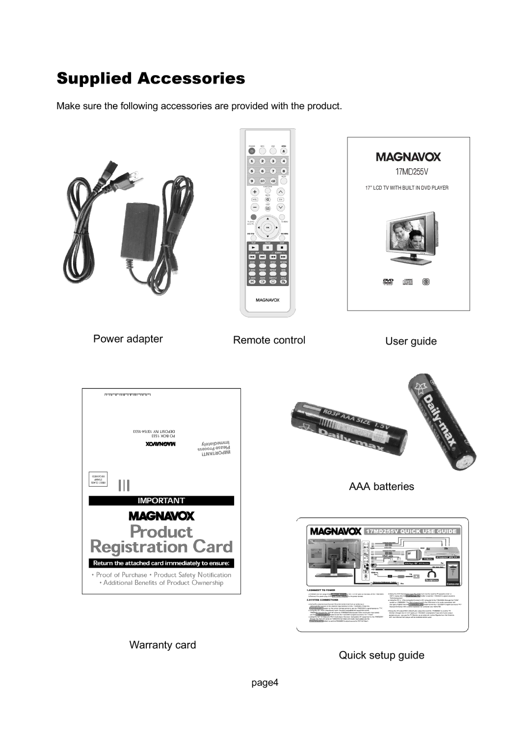 Magnavox 17MD255V important safety instructions Supplied Accessories 