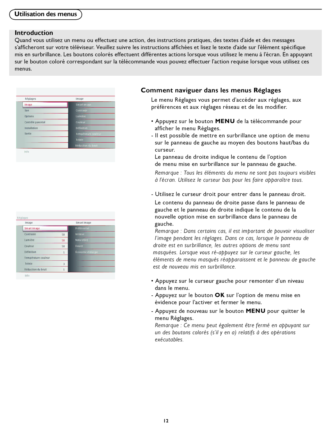 Magnavox 19MD357B user manual Utilisation des menus Introduction, Comment naviguer dans les menus Réglages 