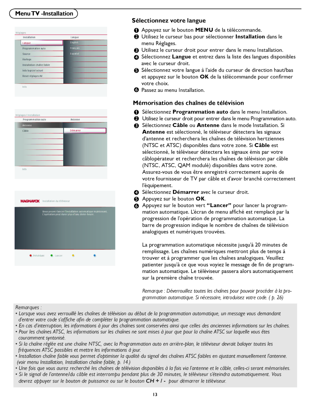 Magnavox 19MD357B user manual MenuTV -Installation, Sélectionnez votre langue, Mémorisation des chaînes de télévision 