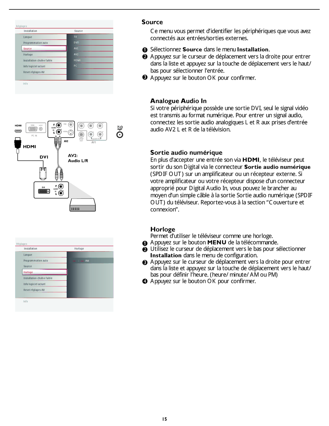 Magnavox 19MD357B user manual Source, Analogue Audio, Sortie audio numérique, Horloge 