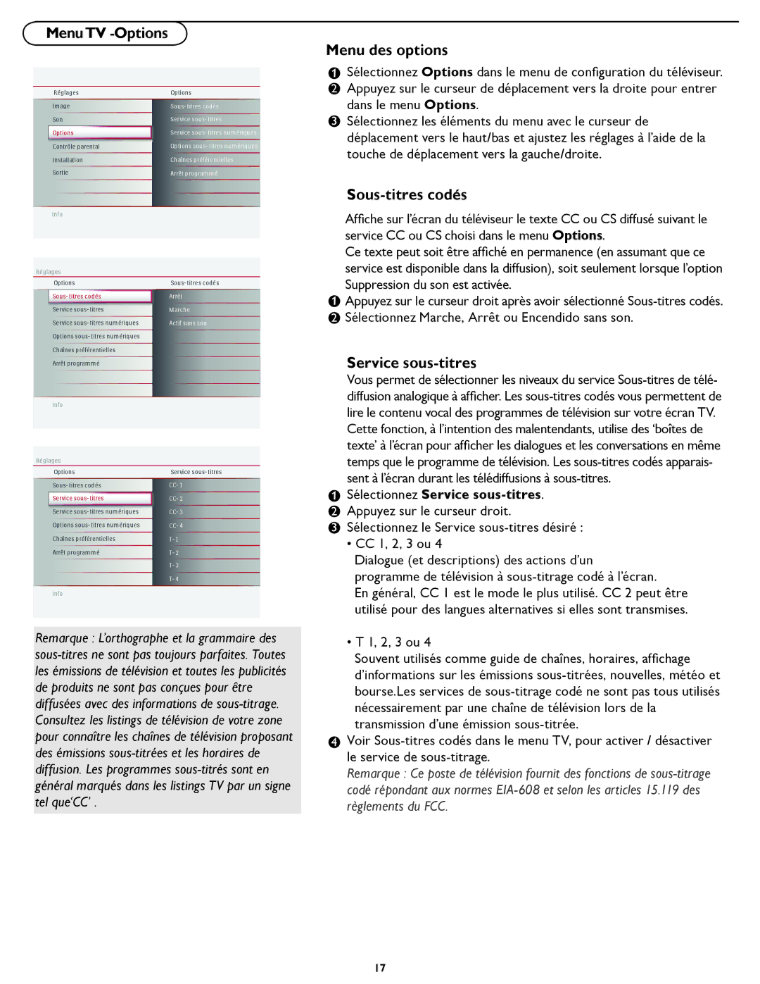 Magnavox 19MD357B user manual MenuTV -Options, Menu des options, Sous-titres codés, Service sous-titres 