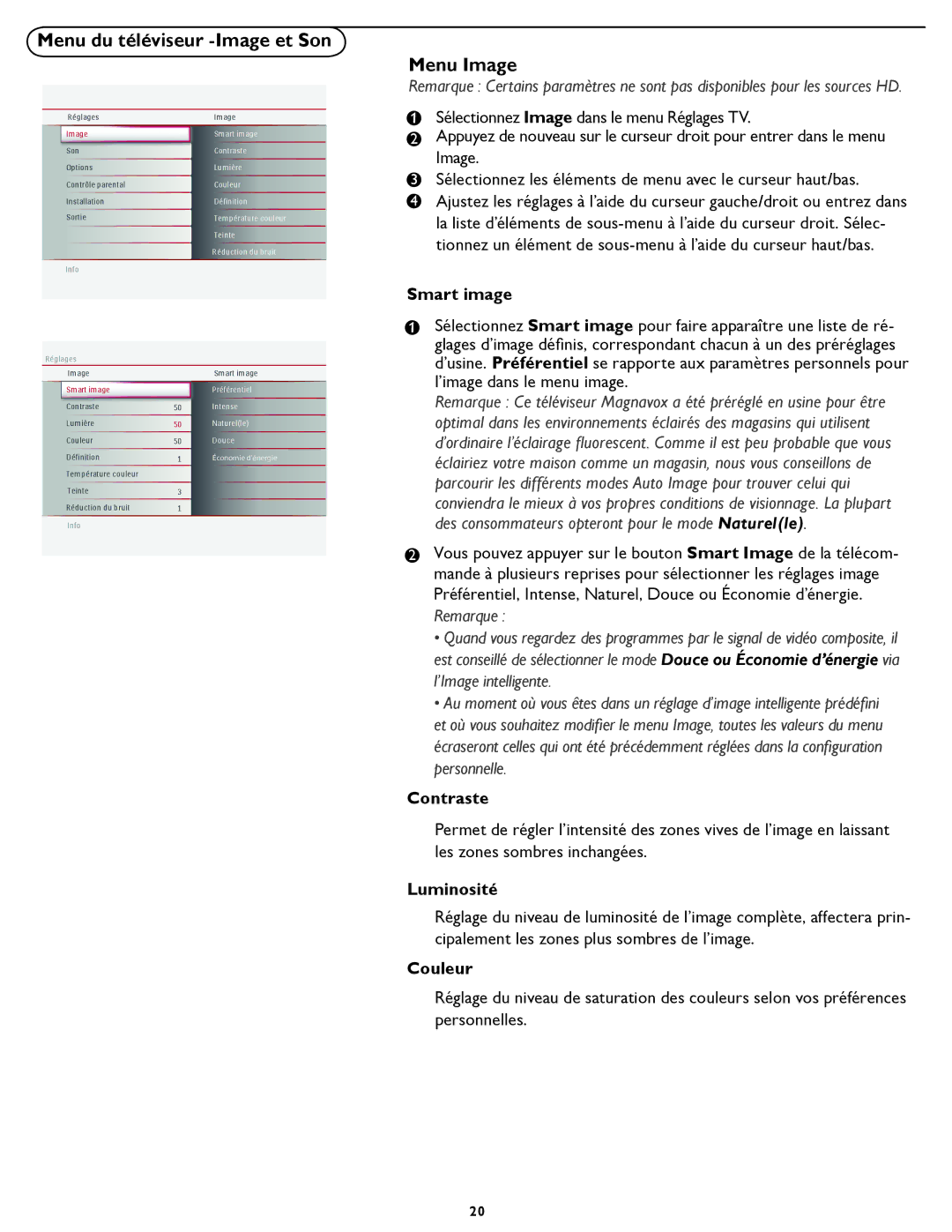 Magnavox 19MD357B user manual Menu du téléviseur -Image et Son, Menu Image 