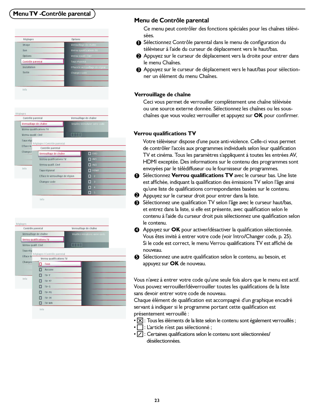 Magnavox 19MD357B MenuTV -Contrôle parental, Menu de Contrôle parental, Verrouillage de chaîne, Verrou qualiﬁcations TV 