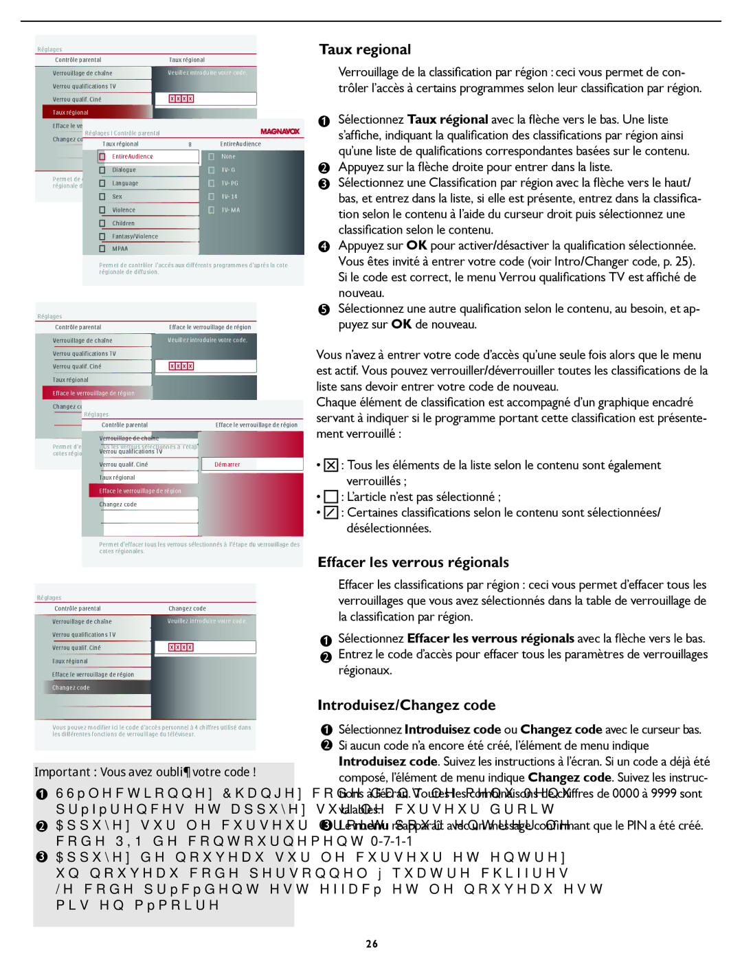 Magnavox 19MD357B user manual Taux regional, Effacer les verrous régionals, Introduisez/Changez code 