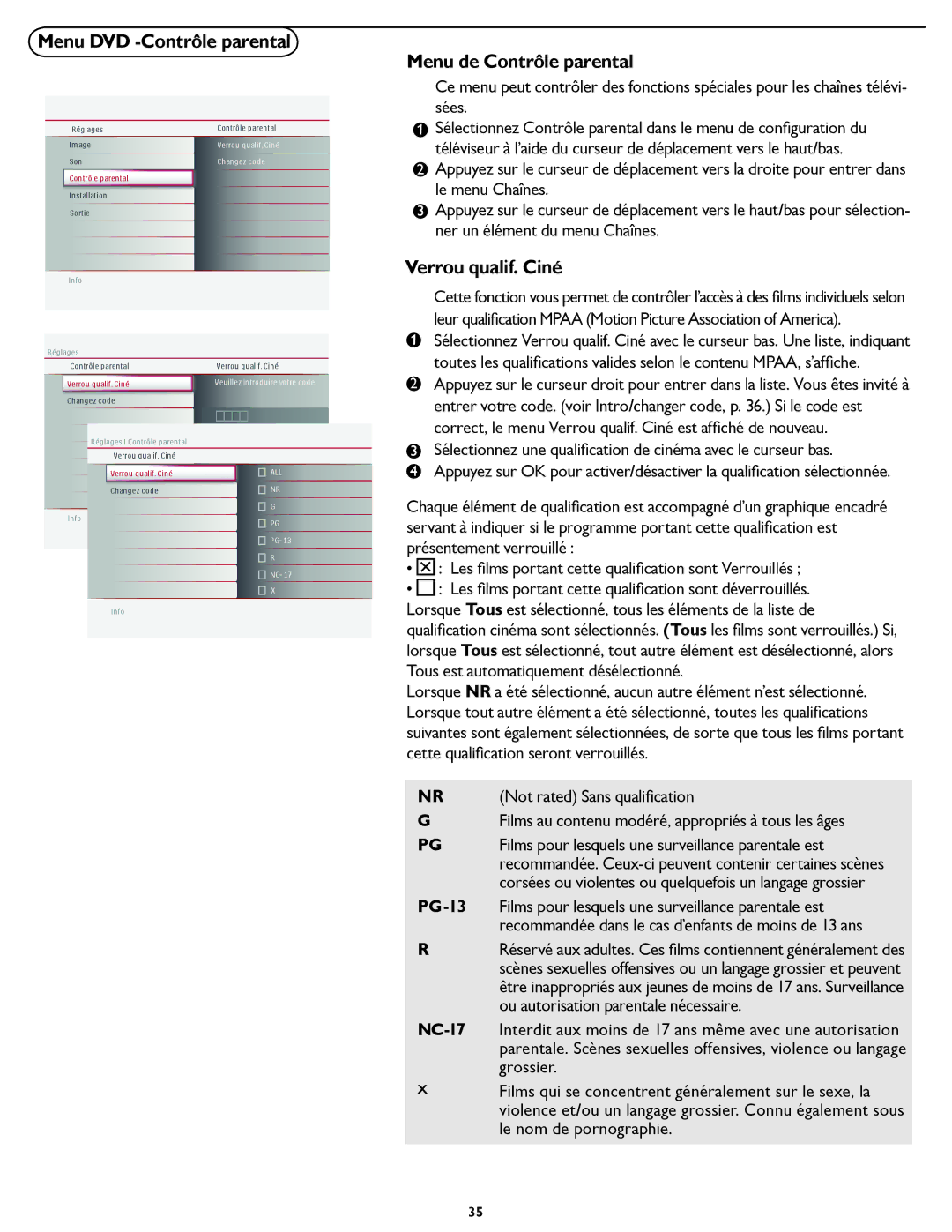 Magnavox 19MD357B user manual Menu DVD -Contrôle parental Menu de Contrôle parental, Verrou qualif. Ciné 