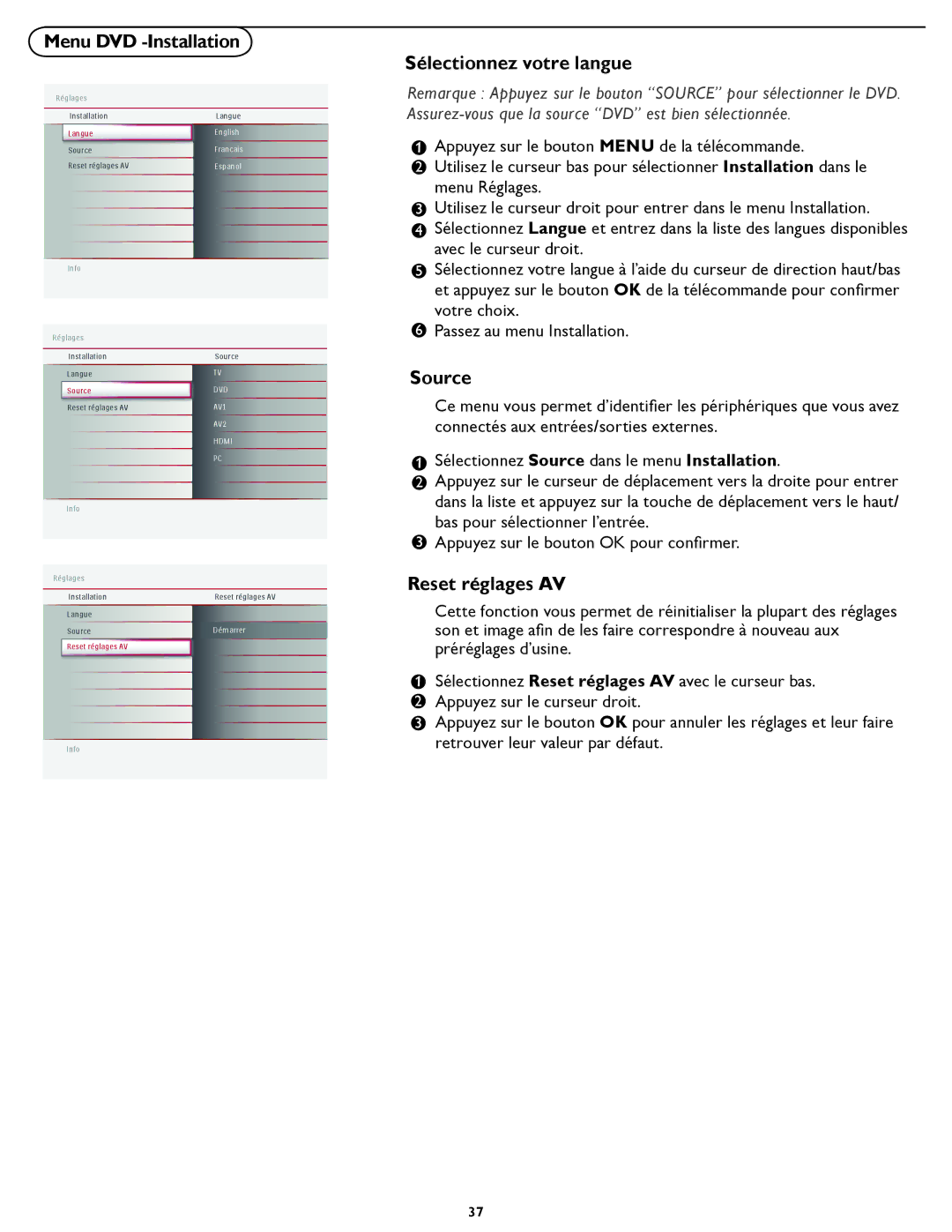 Magnavox 19MD357B user manual Menu DVD -Installation, Sélectionnez votre langue 