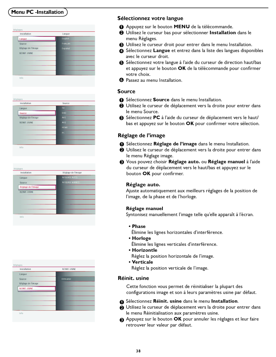 Magnavox 19MD357B user manual Menu PC -Installation Sélectionnez votre langue, Réglage de l’image, Réinit. usine 