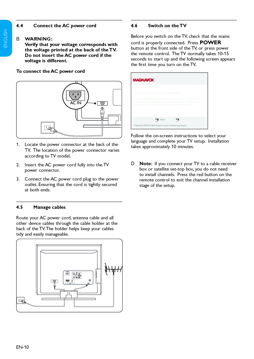 Magnavox 19MD358B user manual Connect the AC power cord, Manage cables, Switch on the TV 