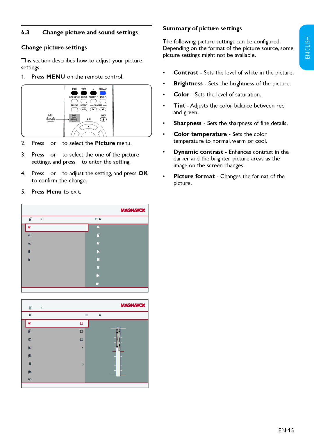 Magnavox 19MD358B user manual Change picture and sound settings Change picture settings, Summary of picture settings, EN-15 