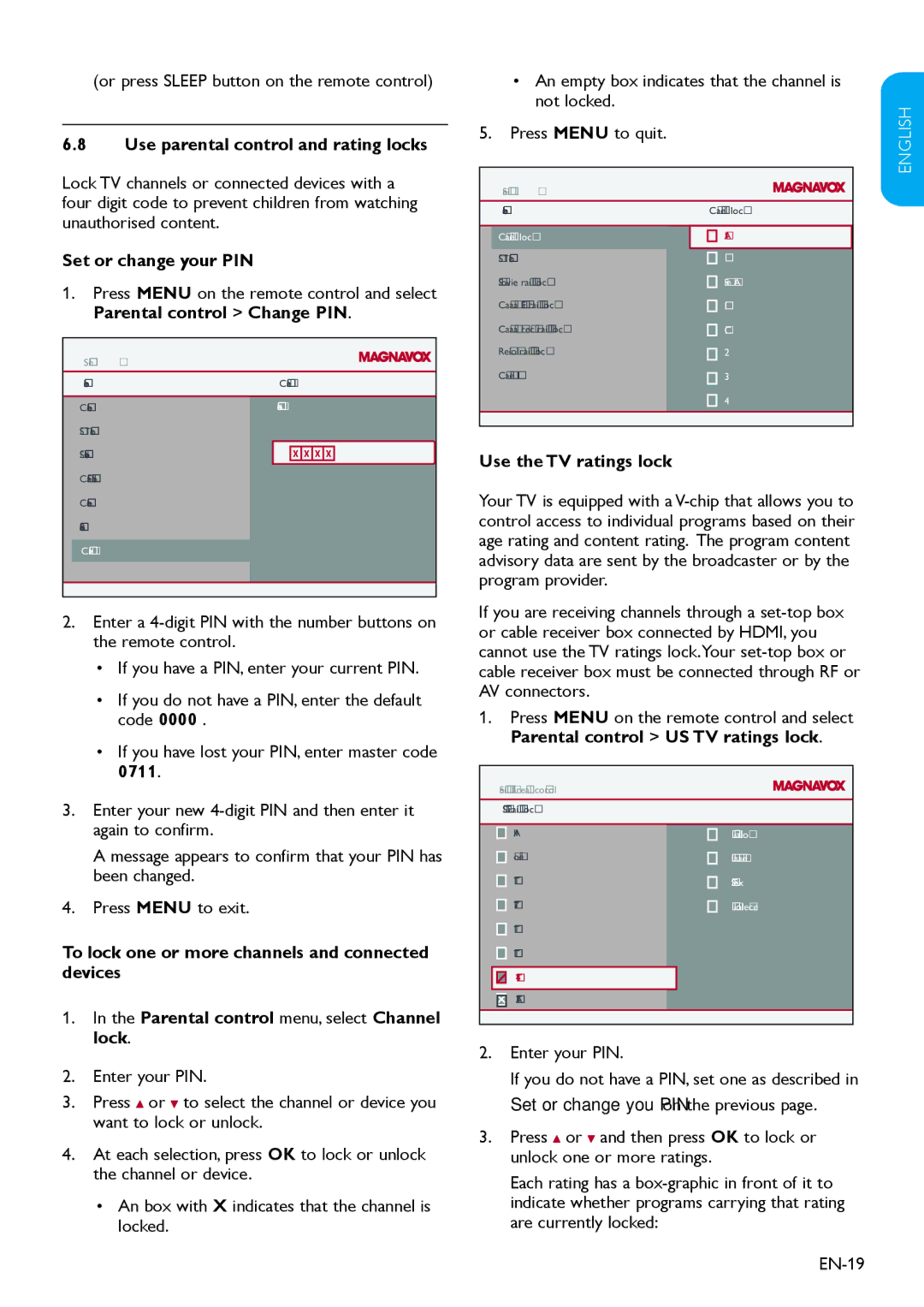 Magnavox 19MD358B user manual Or press Sleep button on the remote control, Use parental control and rating locks 