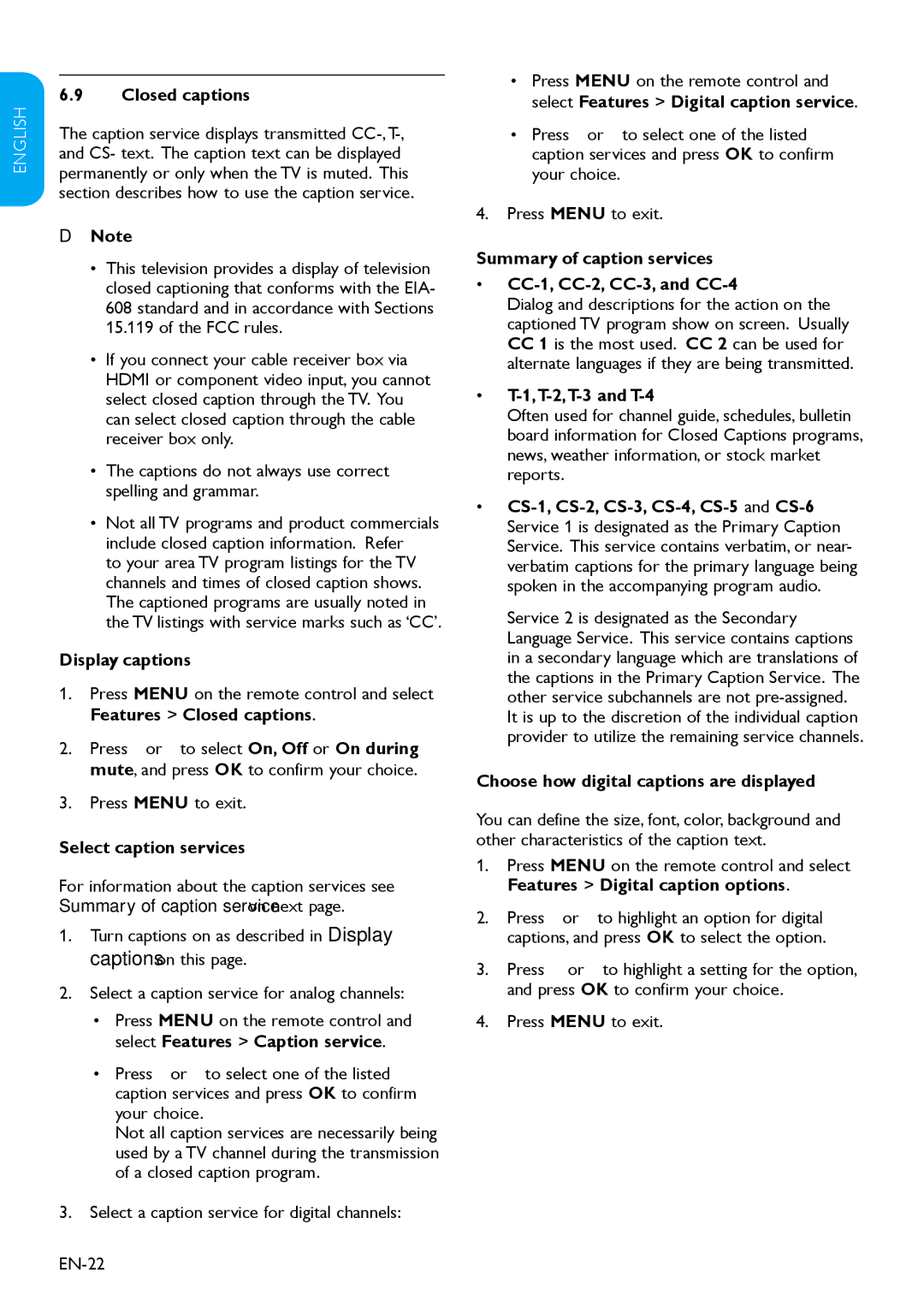 Magnavox 19MD358B user manual Closed captions, Display captions, Select caption services, T-2,T-3 and T-4 