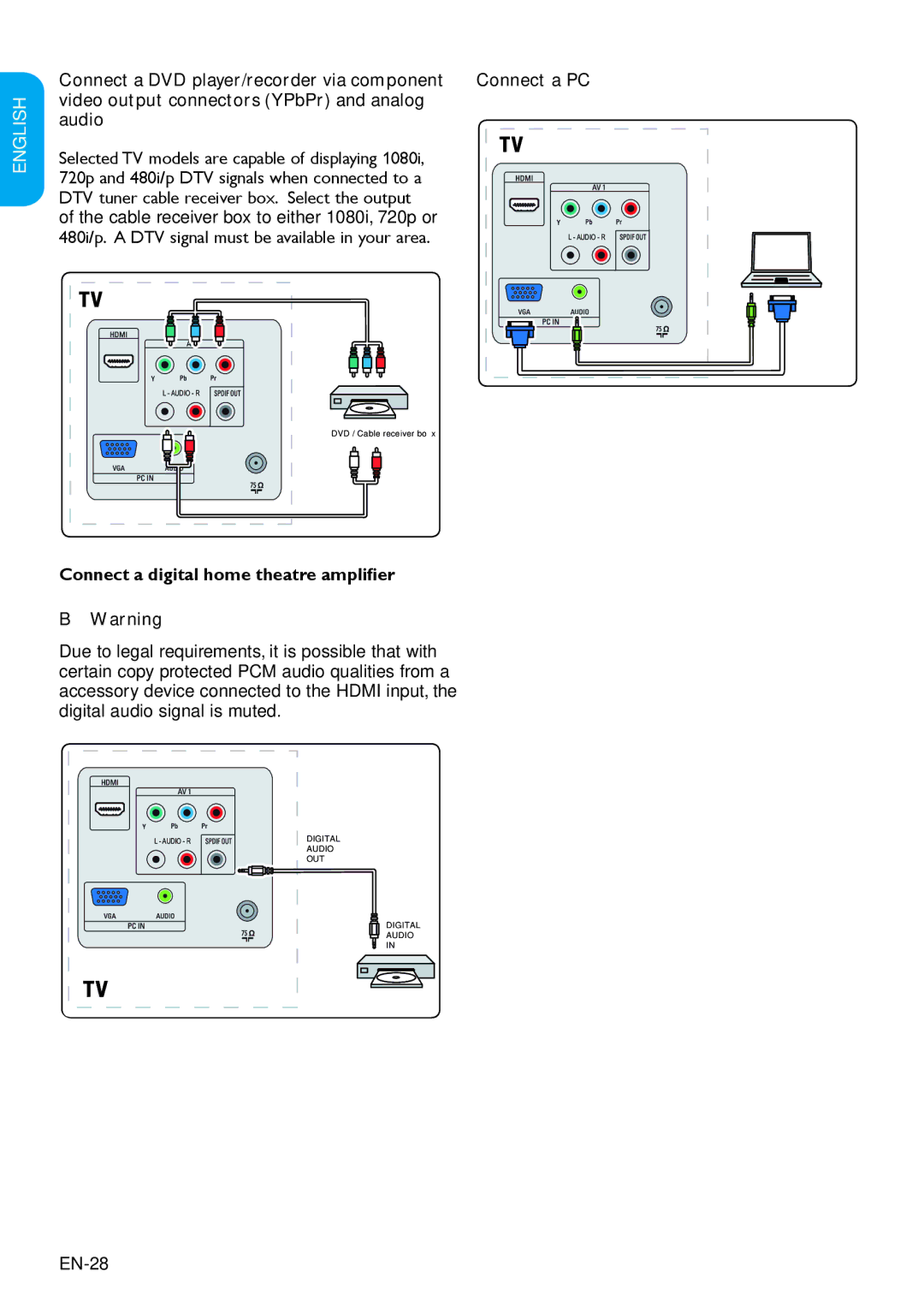 Magnavox 19MD358B user manual Audio, DTV tuner cable receiver box. Select the output, Connect a PC, EN-28 