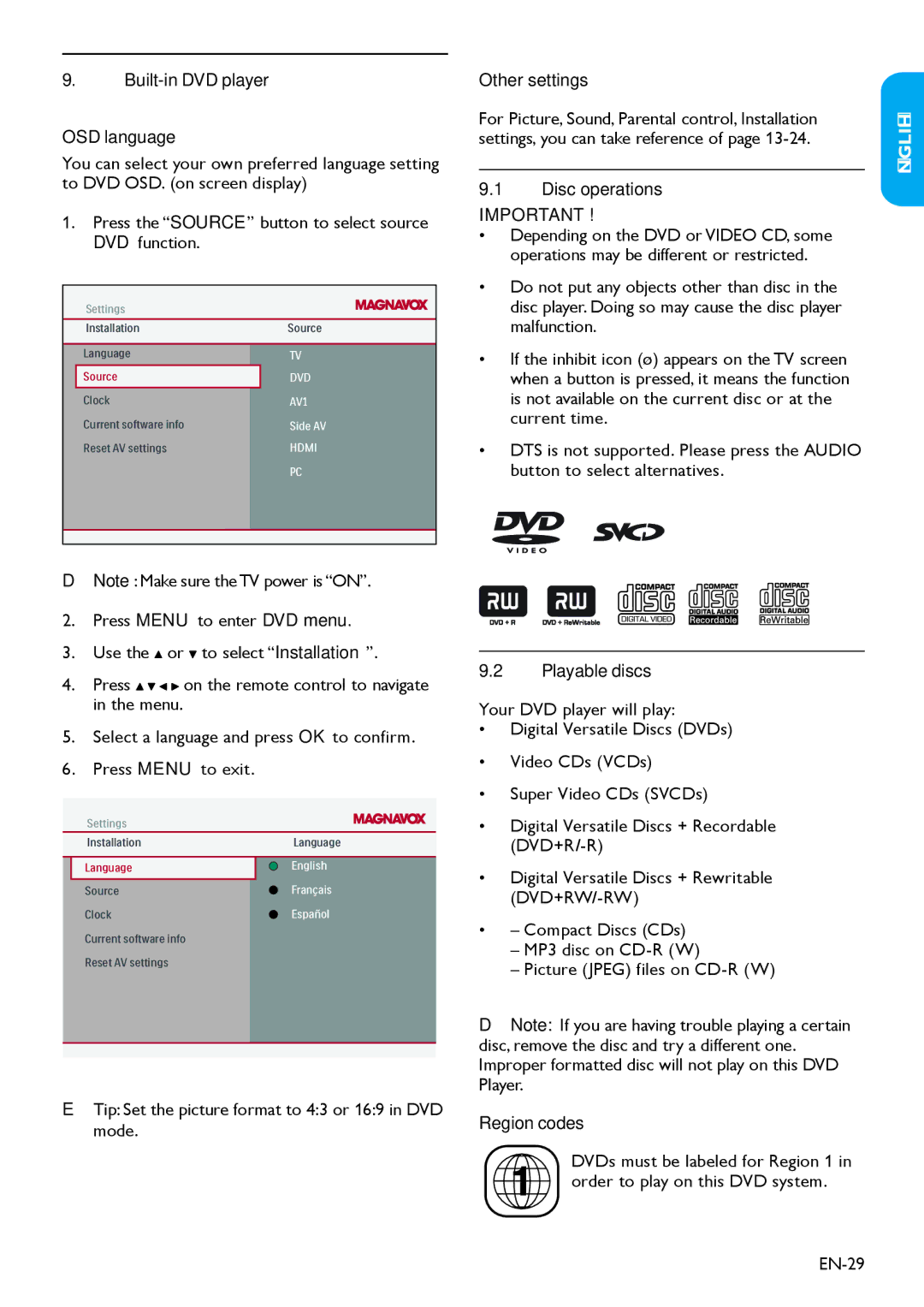 Magnavox 19MD358B Built-in DVD player OSD language, Other settings, Disc operations, Playable discs, Region codes 