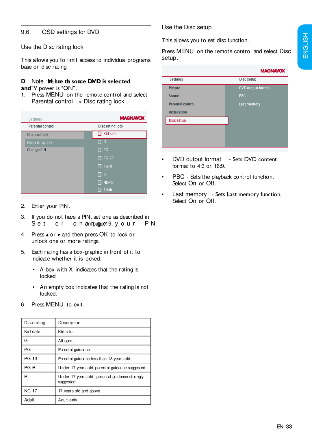 Magnavox 19MD358B OSD settings for DVD Use the Disc rating lock, DVD output format Sets DVD content format to 43 or 