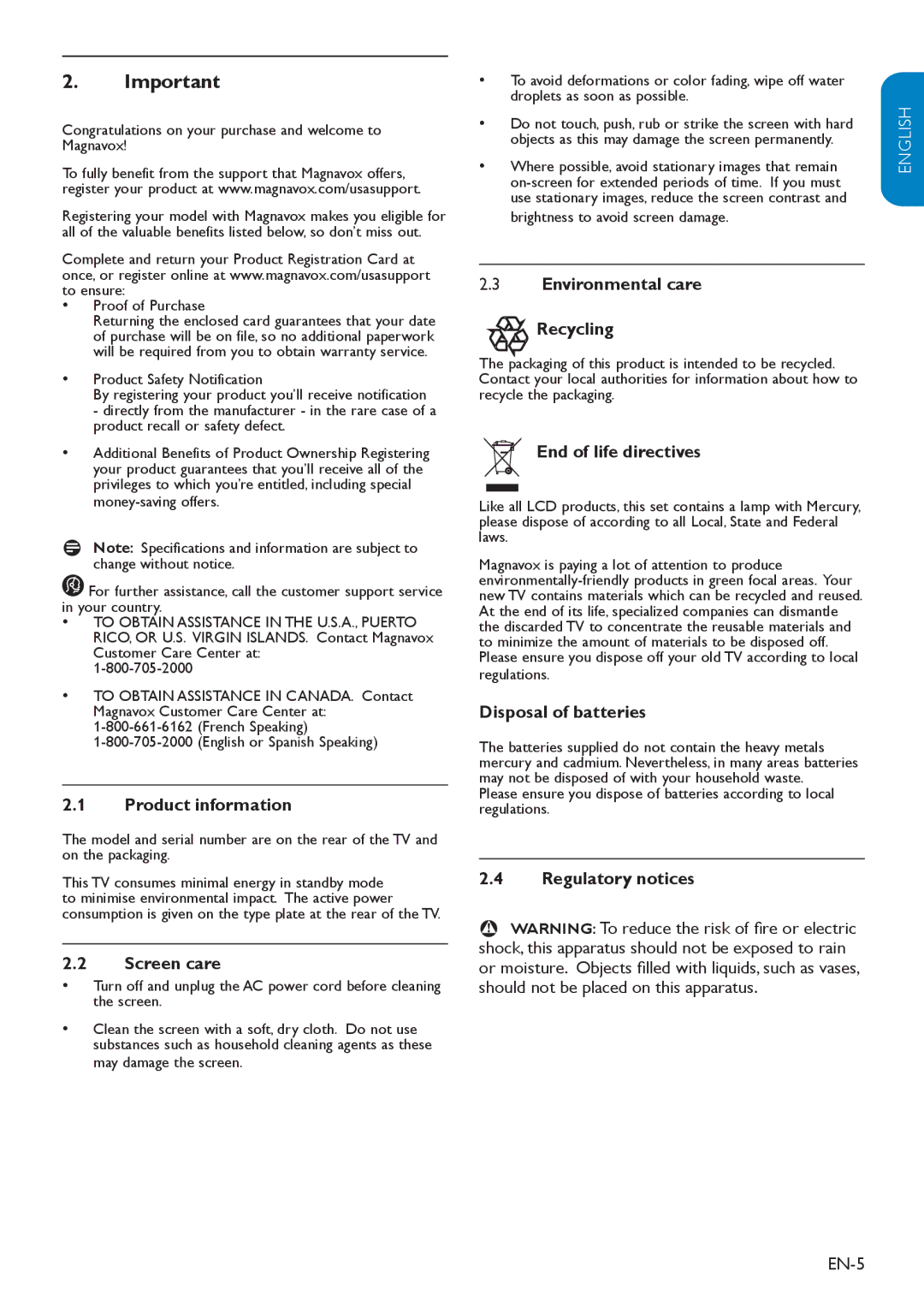 Magnavox 19MD358B user manual Product information, Screen care, Environmental care Recycling, End of life directives 