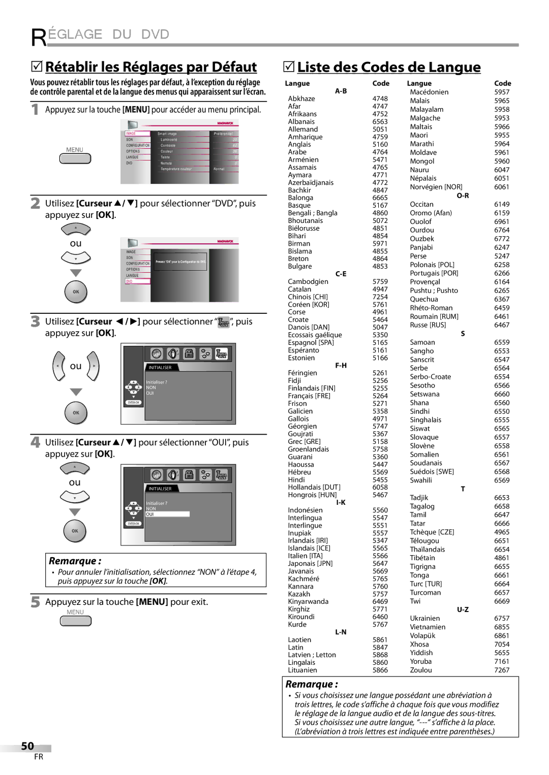 Magnavox 19MD359B user manual 5Liste des Codes de Langue, Appuyez sur la touche Menu pour accéder au menu principal 