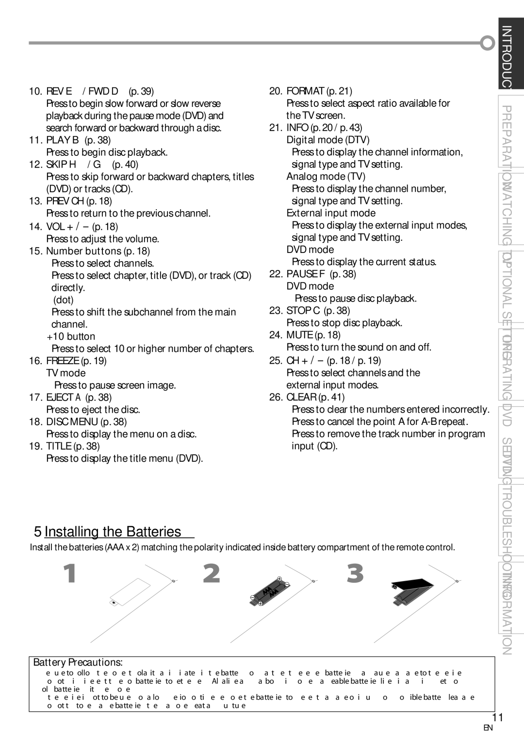 Magnavox 19MD359B user manual 5Installing the Batteries, Battery Precautions 