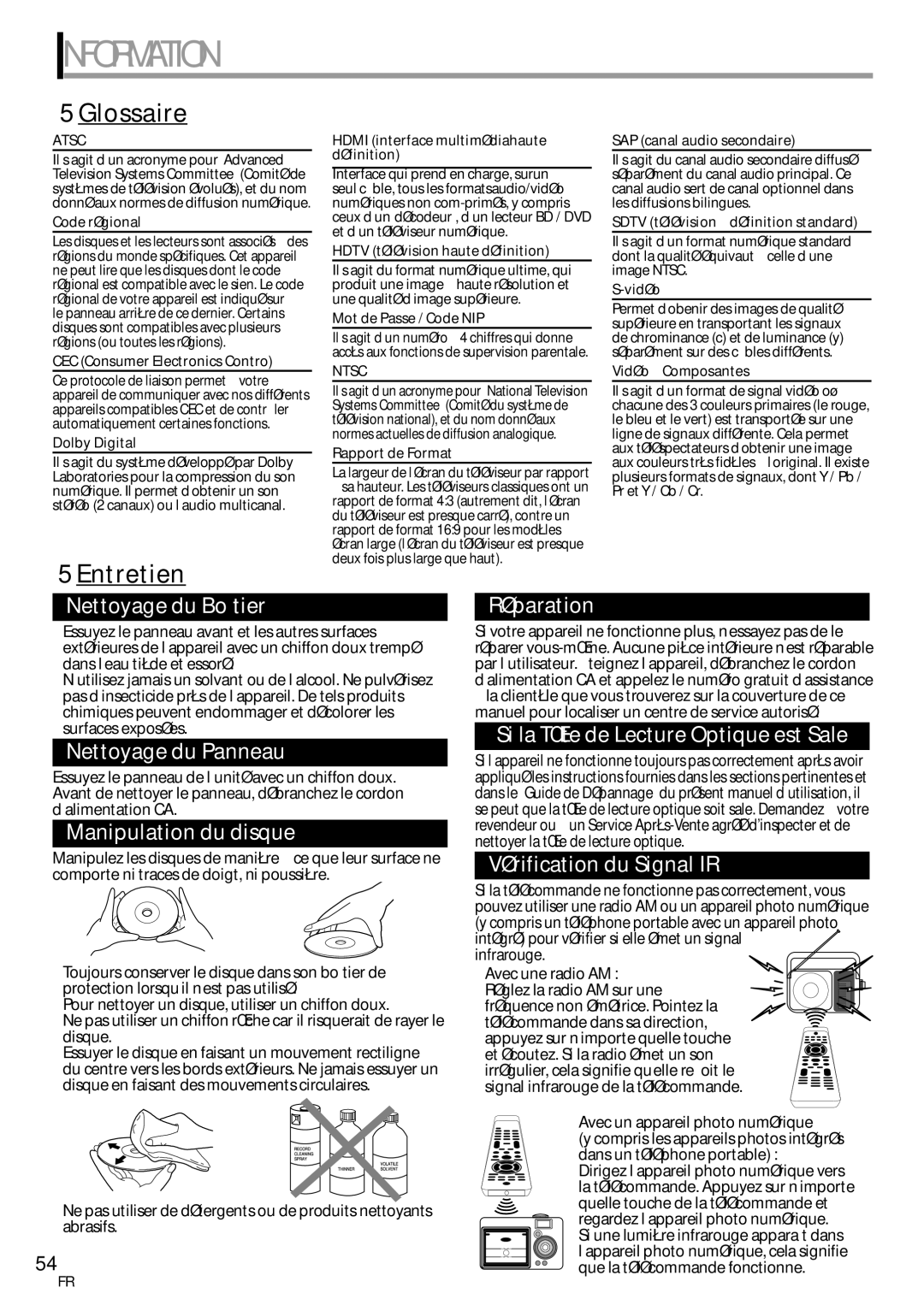 Magnavox 19MD359B user manual Glossaire, Entretien, Infrarouge Avec une radio AM, Avec un appareil photo numérique 