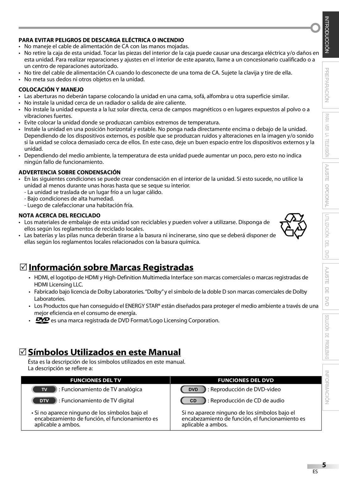 Magnavox 19MD359B user manual 5Información sobre Marcas Registradas, 5Símbolos Utilizados en este Manual 