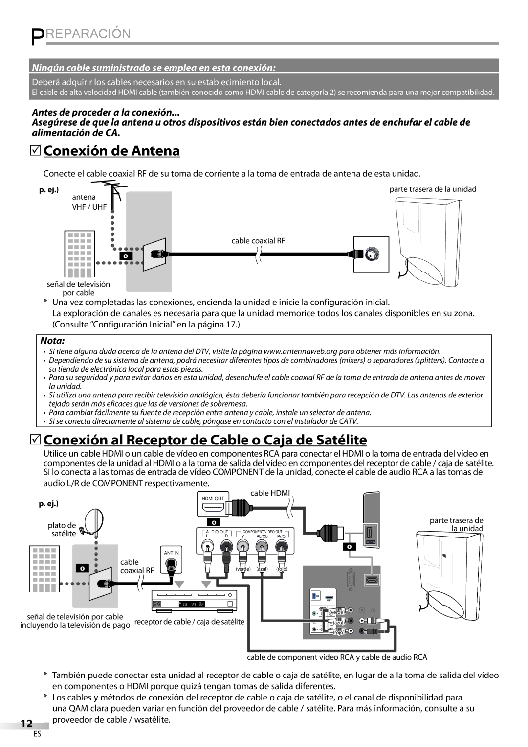 Magnavox 19MD359B user manual Preparación, 5Conexión de Antena, 5Conexión al Receptor de Cable o Caja de Satélite 