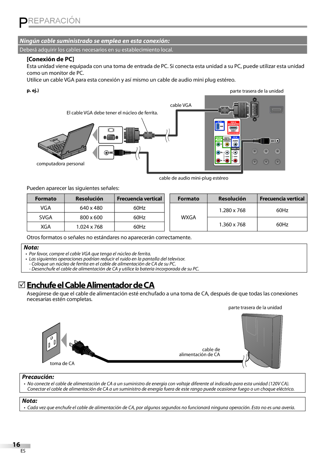 Magnavox 19MD359B 5EnchufeelCableAlimentadordeCA, Conexión de PC, Precaución, Pueden aparecer las siguientes señales 