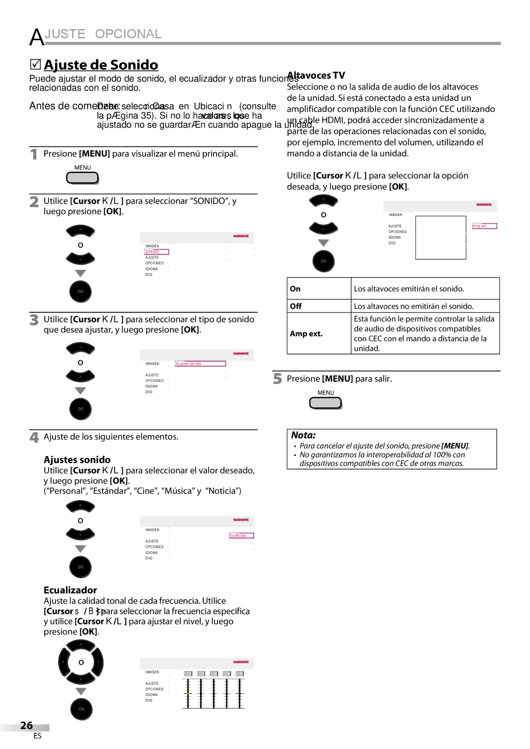 Magnavox 19MD359B user manual 5Ajuste de Sonido, Altavoces TV, Ajustes sonido, Ecualizador 