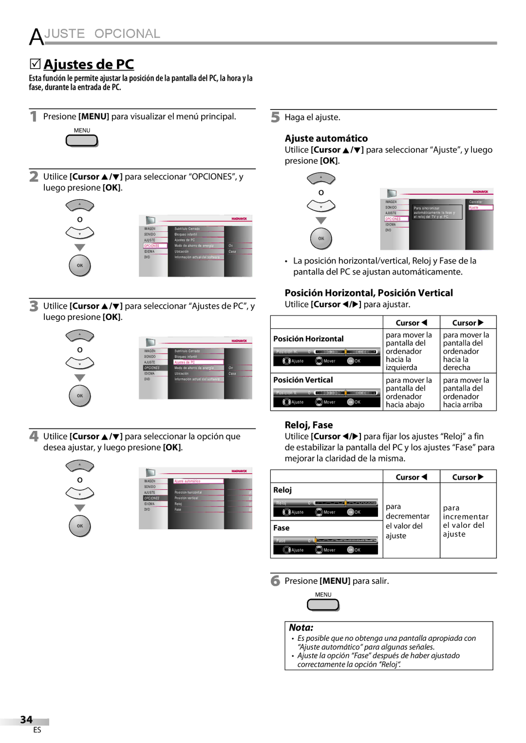 Magnavox 19MD359B user manual 5Ajustes de PC, Ajuste automático, Posición Horizontal, Posición Vertical, Reloj, Fase 