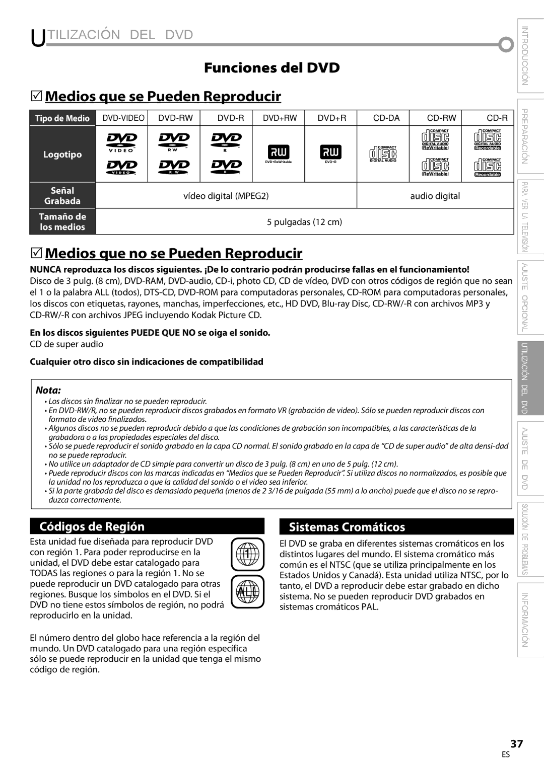 Magnavox 19MD359B user manual Utilización DEL DVD, Funciones del DVD 5Medios que se Pueden Reproducir 