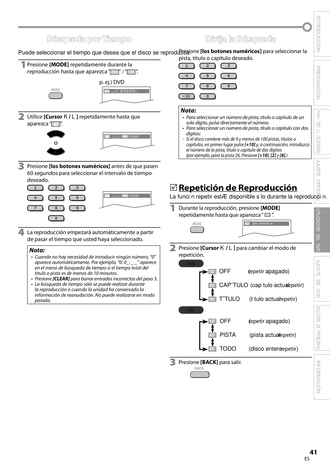 Magnavox 19MD359B user manual Búsqueda por Tiempo, Dirija la Búsqueda, 5Repetición de Reproducción 