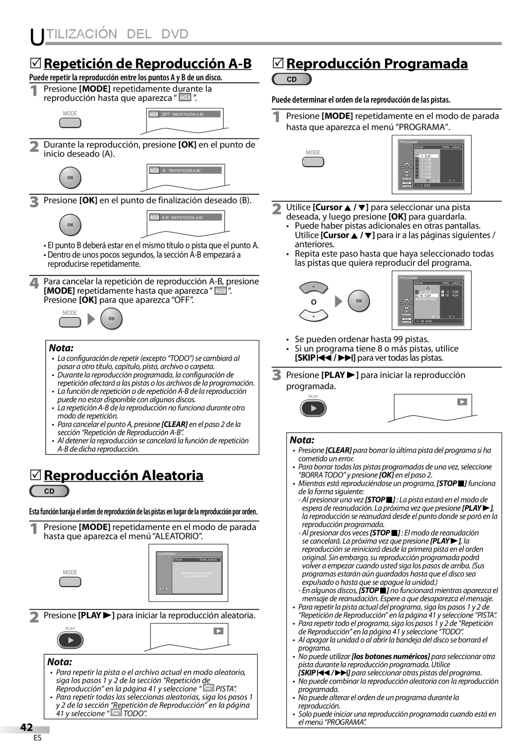 Magnavox 19MD359B user manual 5Reproducción Programada, 5Reproducción Aleatoria, Se pueden ordenar hasta 99 pistas 