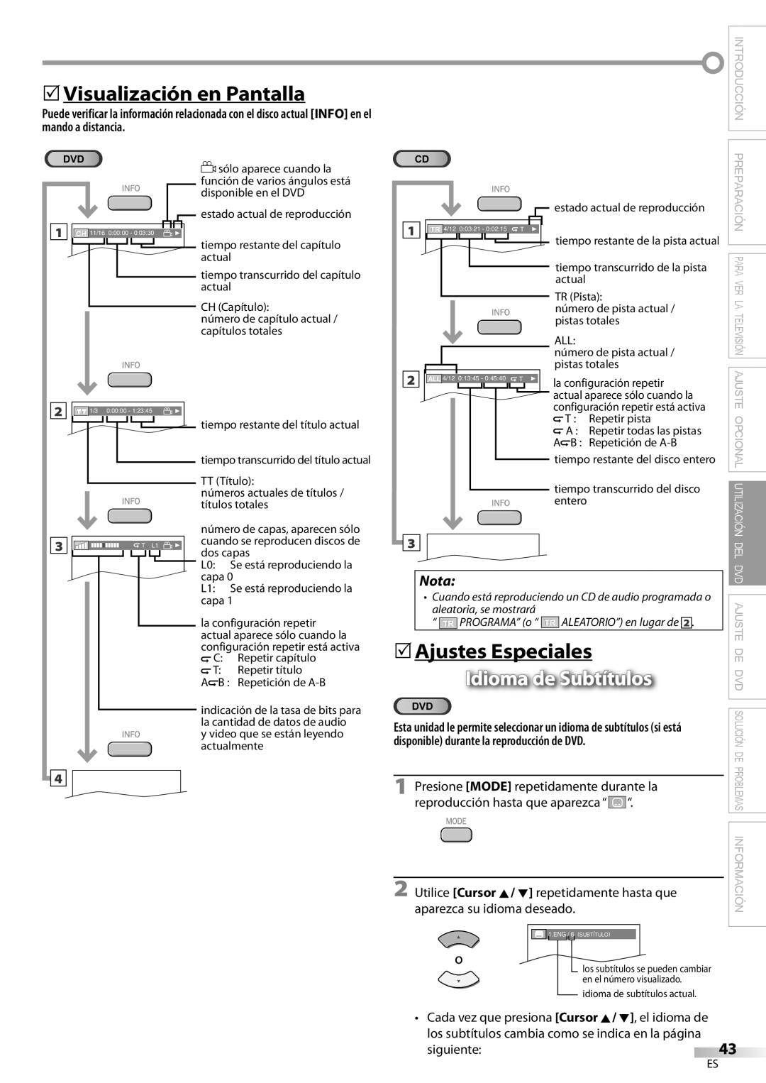 Magnavox 19MD359B user manual 5Visualización en Pantalla, 5Ajustes Especiales, Idioma de Subtítulos 