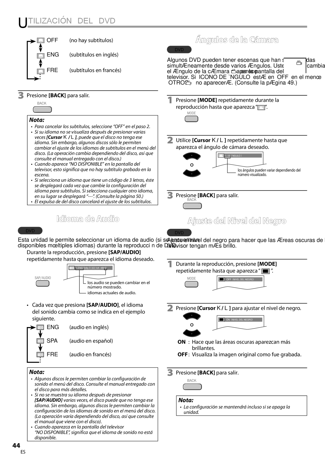 Magnavox 19MD359B user manual Ángulos de la Cámara, Idioma de Audio, Ajuste del Nivel del Negro 