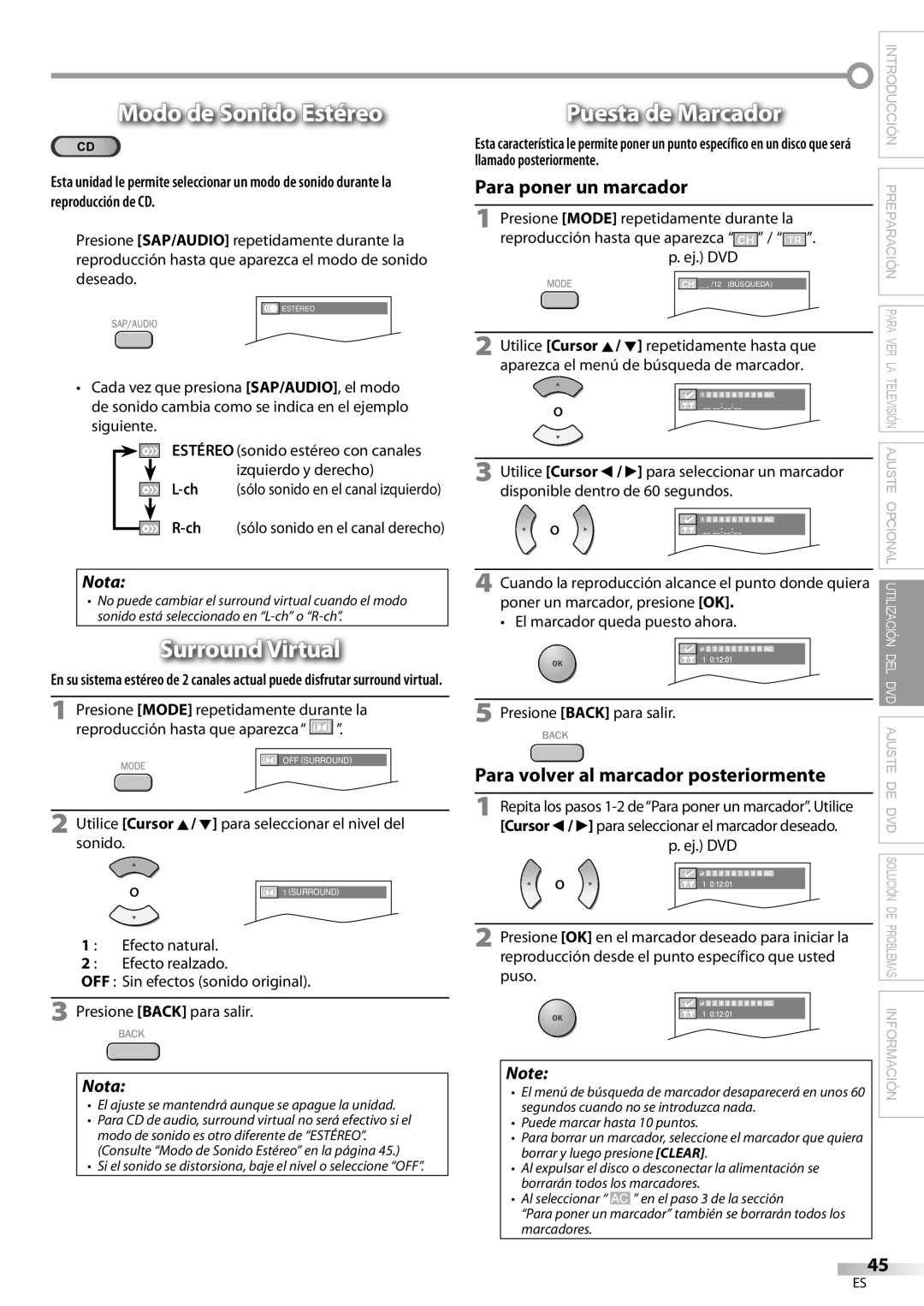 Magnavox 19MD359B user manual Modo de Sonido Estéreo, Surround Virtual, Puesta de Marcador 