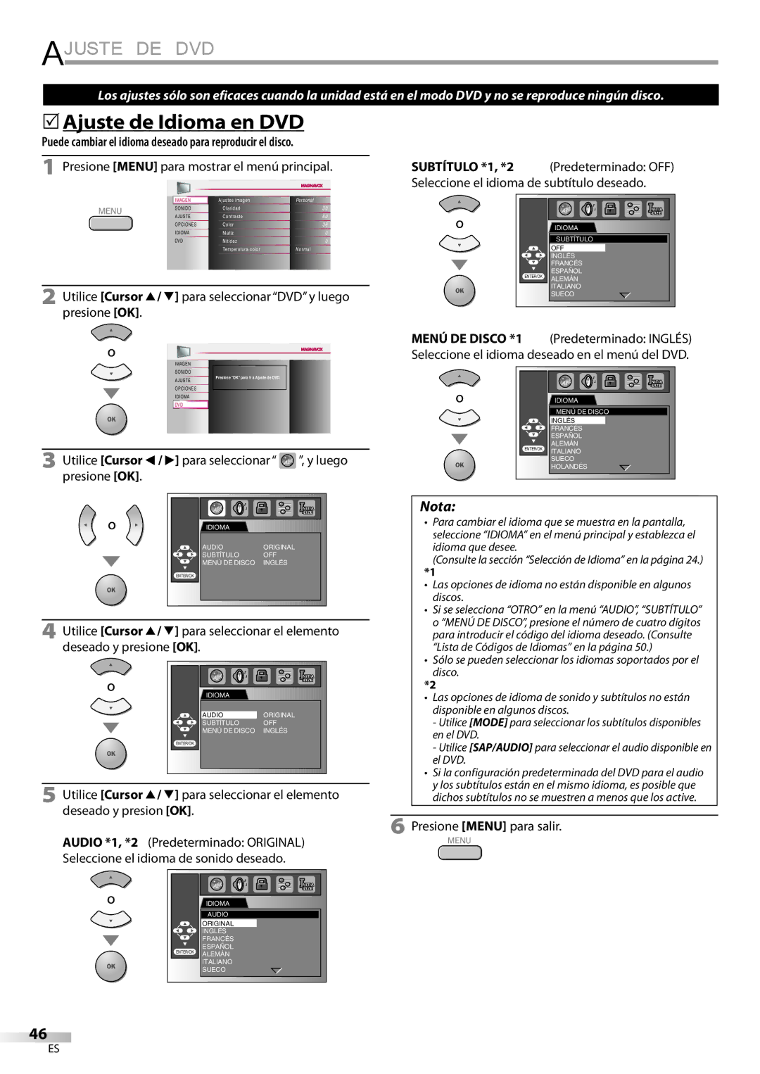 Magnavox 19MD359B Ajuste DE DVD, 5Ajuste de Idioma en DVD, Puede cambiar el idioma deseado para reproducir el disco 