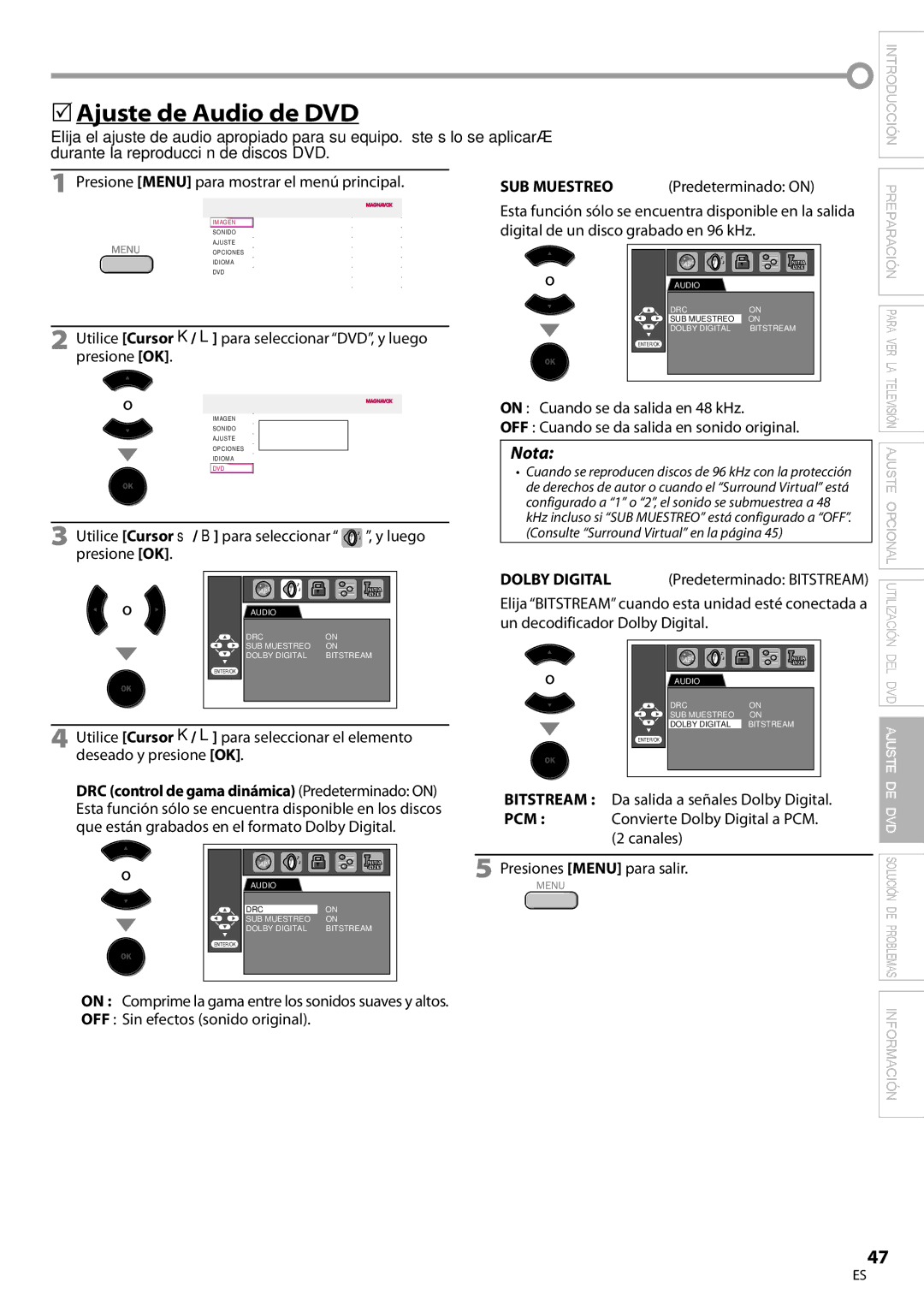 Magnavox 19MD359B user manual 5Ajuste de Audio de DVD, On Comprime la gama entre los sonidos suaves y altos 