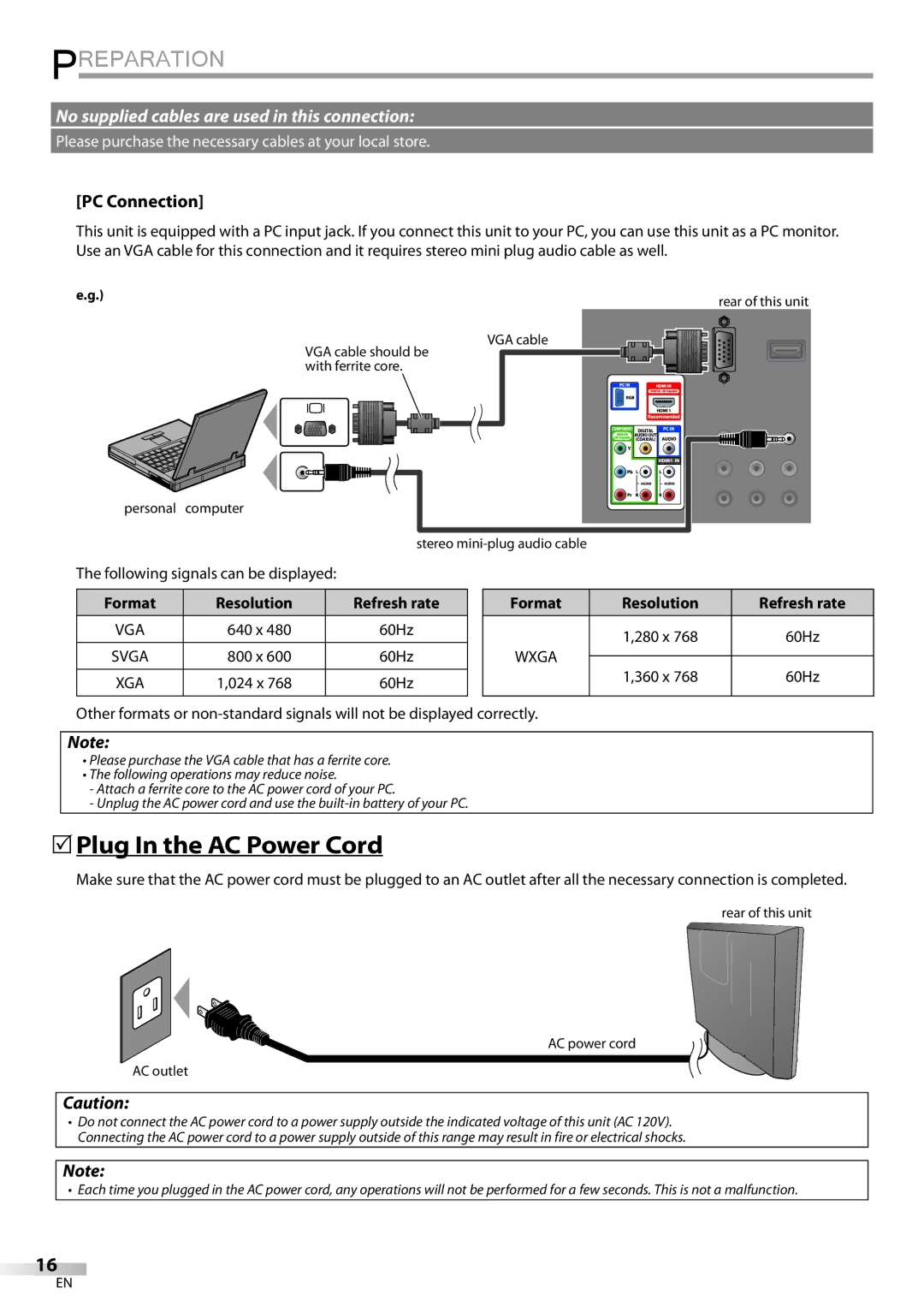 Magnavox 19MD359B user manual 5Plug In the AC Power Cord, PC Connection, Resolution 